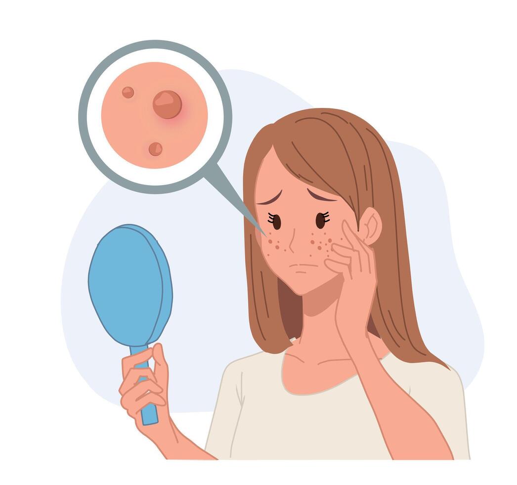 woman looking into mirror,acne problem.skin problem. skin care concept. Flat cartoon character illustration. vector
