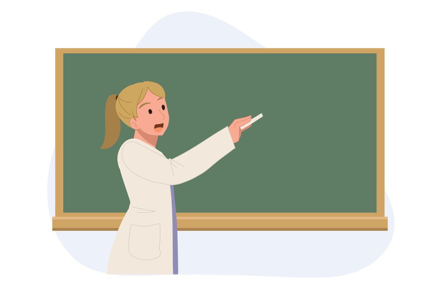 Education concept. studying ,learning ,teaching. Female teacher is writing on chalkboard in classroom. cartoon illustration. vector