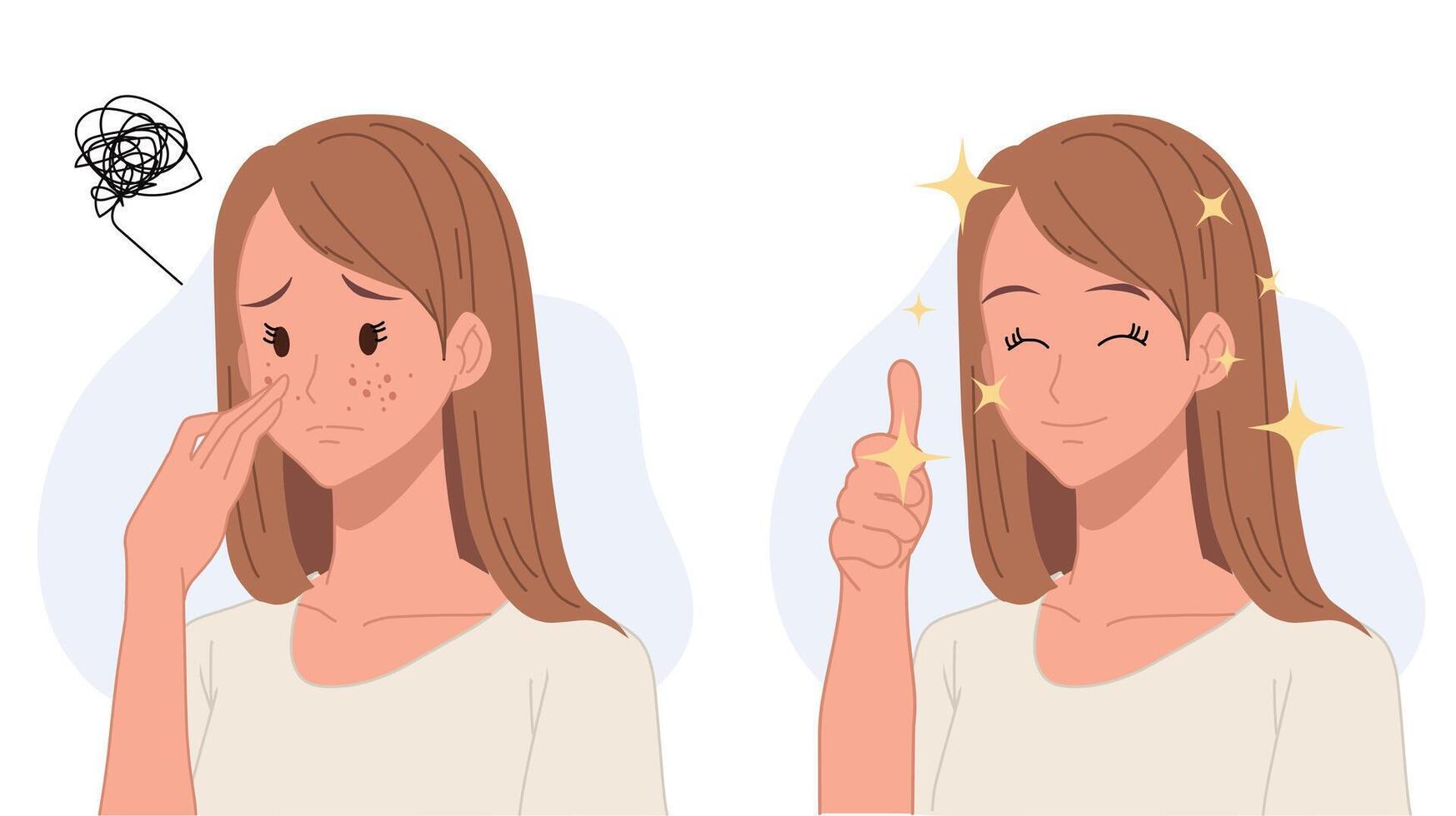 Skin care concept.woman,girl with acne.Before and after acne.Flat 2d cartoon character illustration. vector