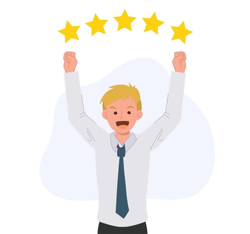 success concept. businessman is happy with five stars rating above. Flat vecctor cartoon illustration vector