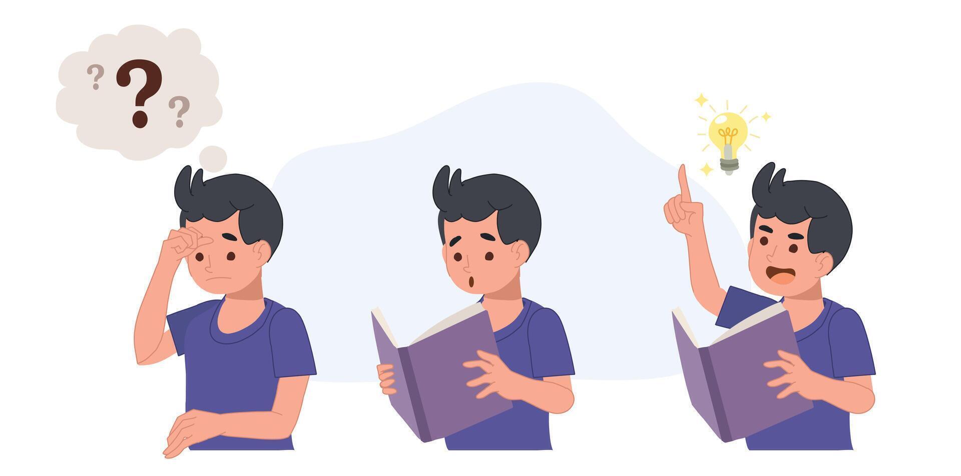 confused kid and understand or found answer.boy reading book then got some idea.Flat cartoon illustration vector