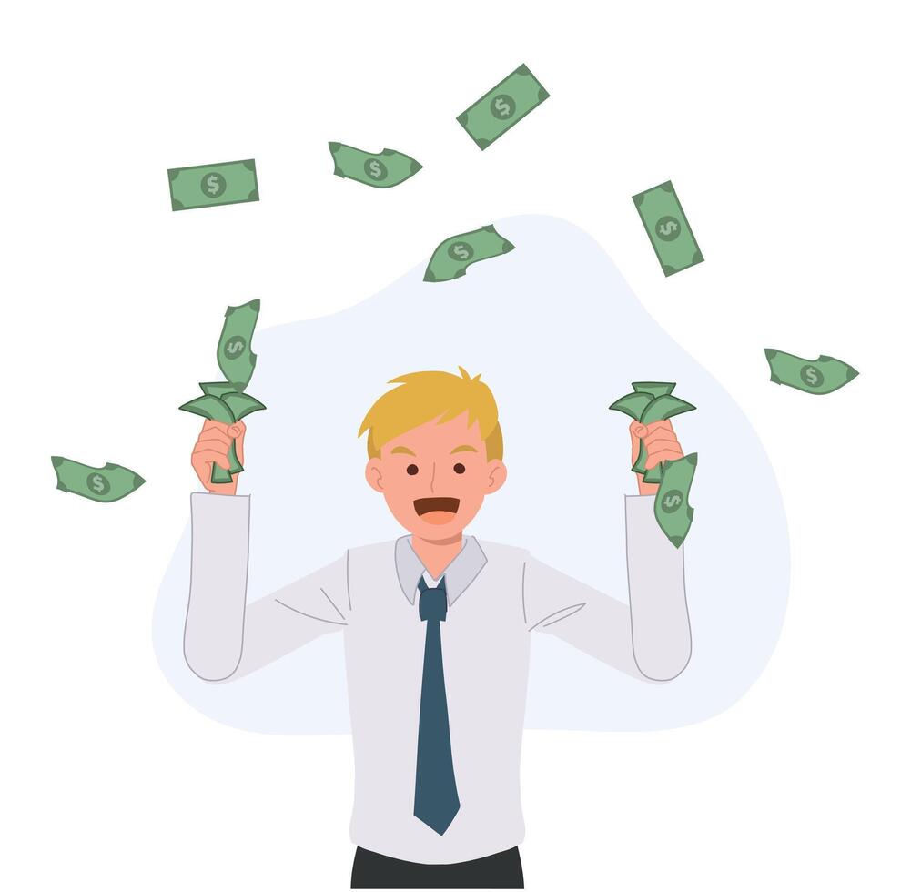 Businessman got a lot of money. win the prize. got bonus. earn money concept. Flat cartoon character illustration. vector