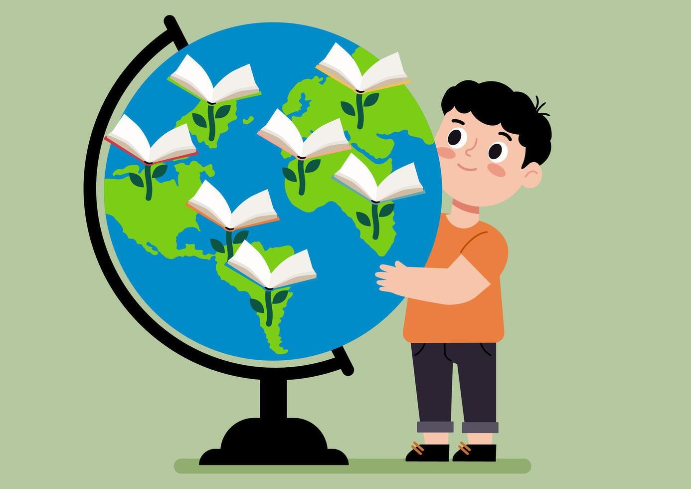 A child holds a large globe with books growing on it vector