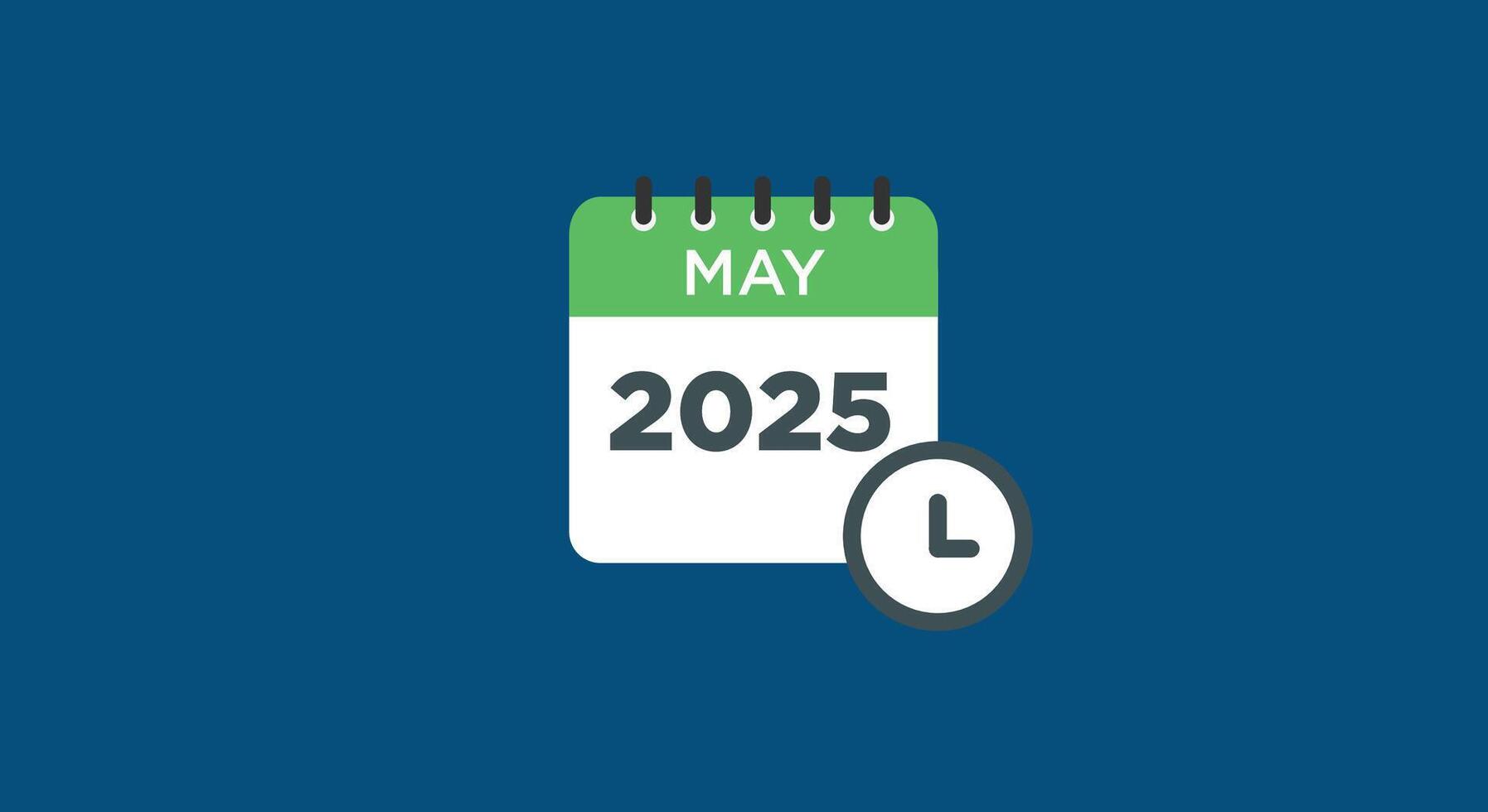 May 2025 calendar page with clock icon vector