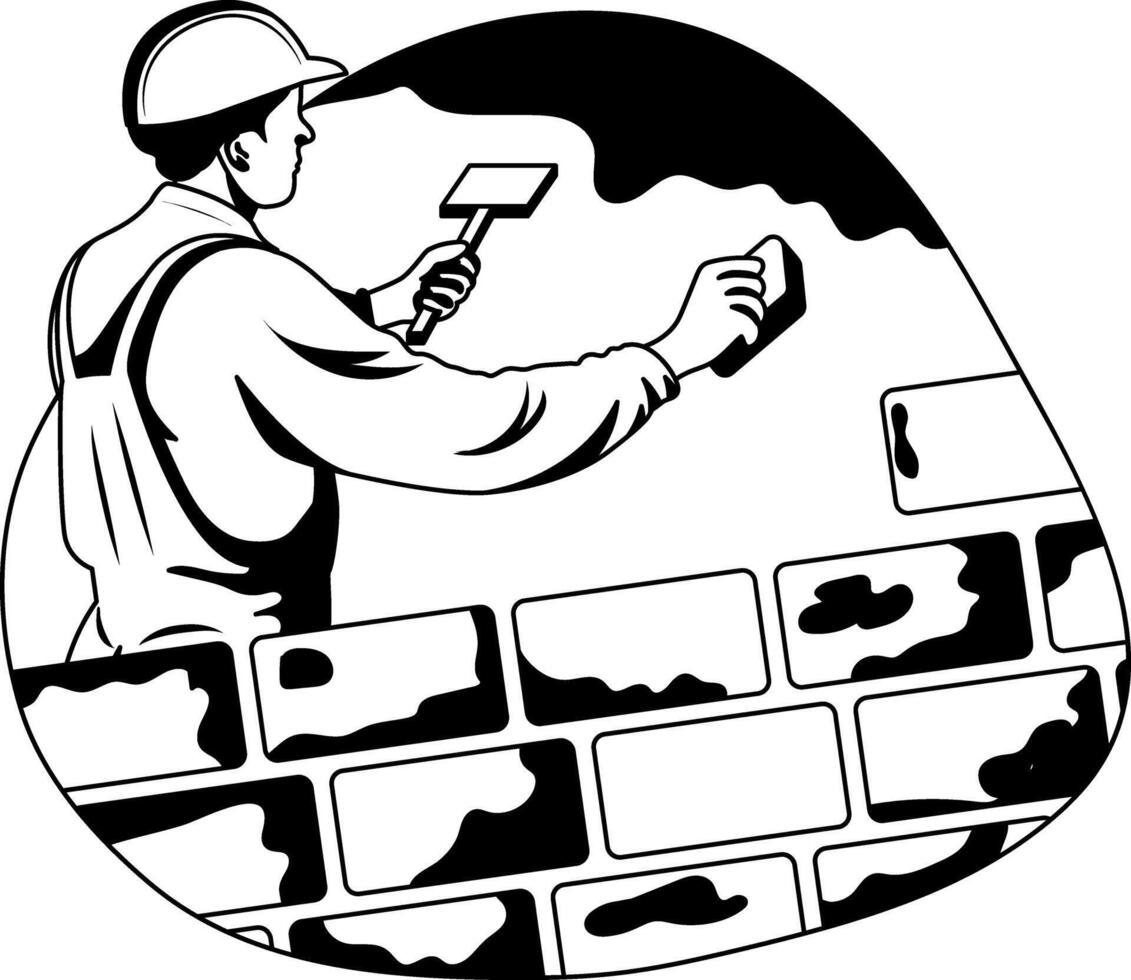 A glyph style illustration of a bricklayer making a wall vector