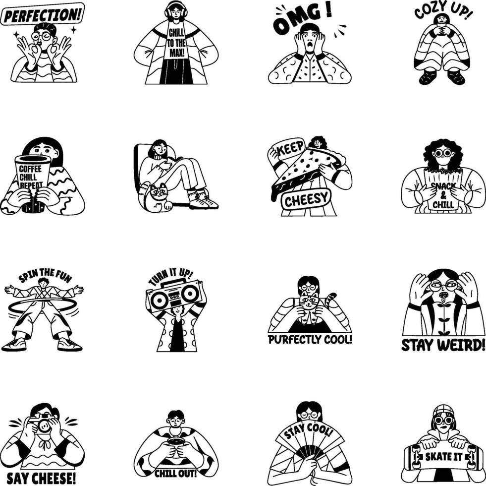 Bundle of Cool Characters Glyph Style Stickers vector