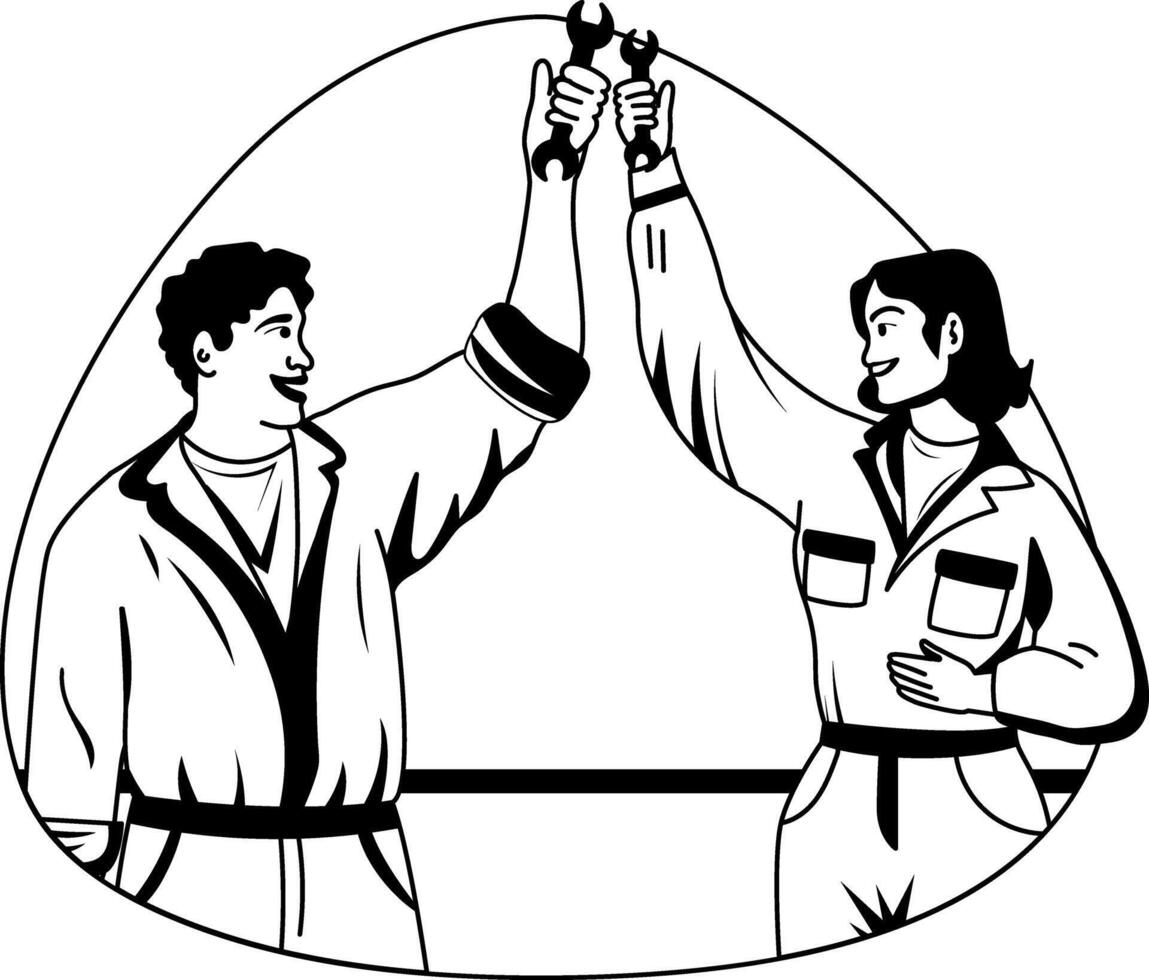 A glyph style illustration of two mechanics holding wrench in hands vector