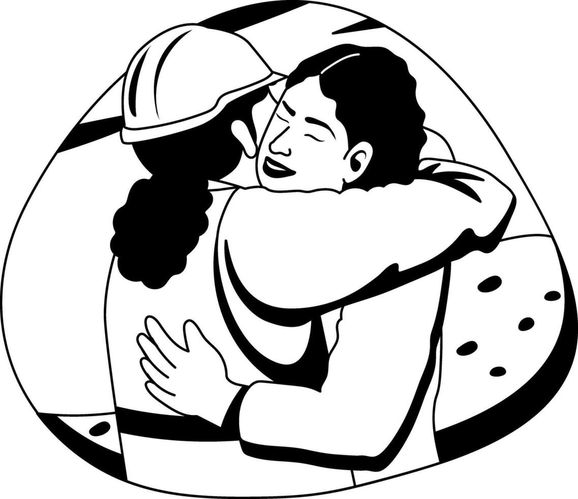 Two female workers hugging illustration in glyph style vector