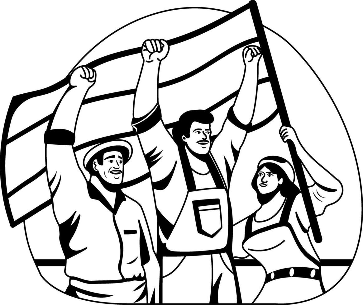 A glyph style illustration of a some characters doing labour protest vector