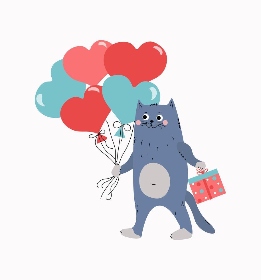 Cartoon cat with gift box and heart shape balloons. Happy kitten. Holiday card design for wedding, birthday, Valentine's Day. illustration. vector