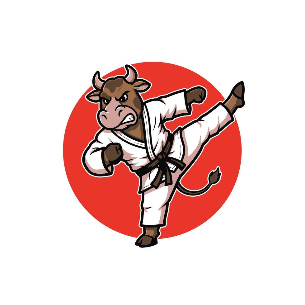 Logo design of a bull performing a karate kick on a red circular backdrop vector