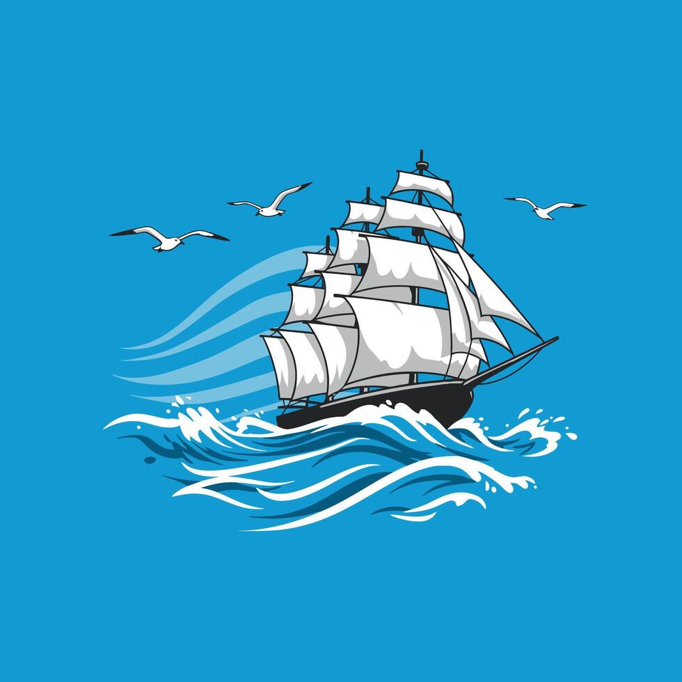 Logo design of a sailing ship in the sea with seagulls flying above vector