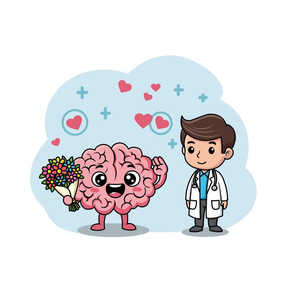 Cheerful brain with flowers and doctor vector