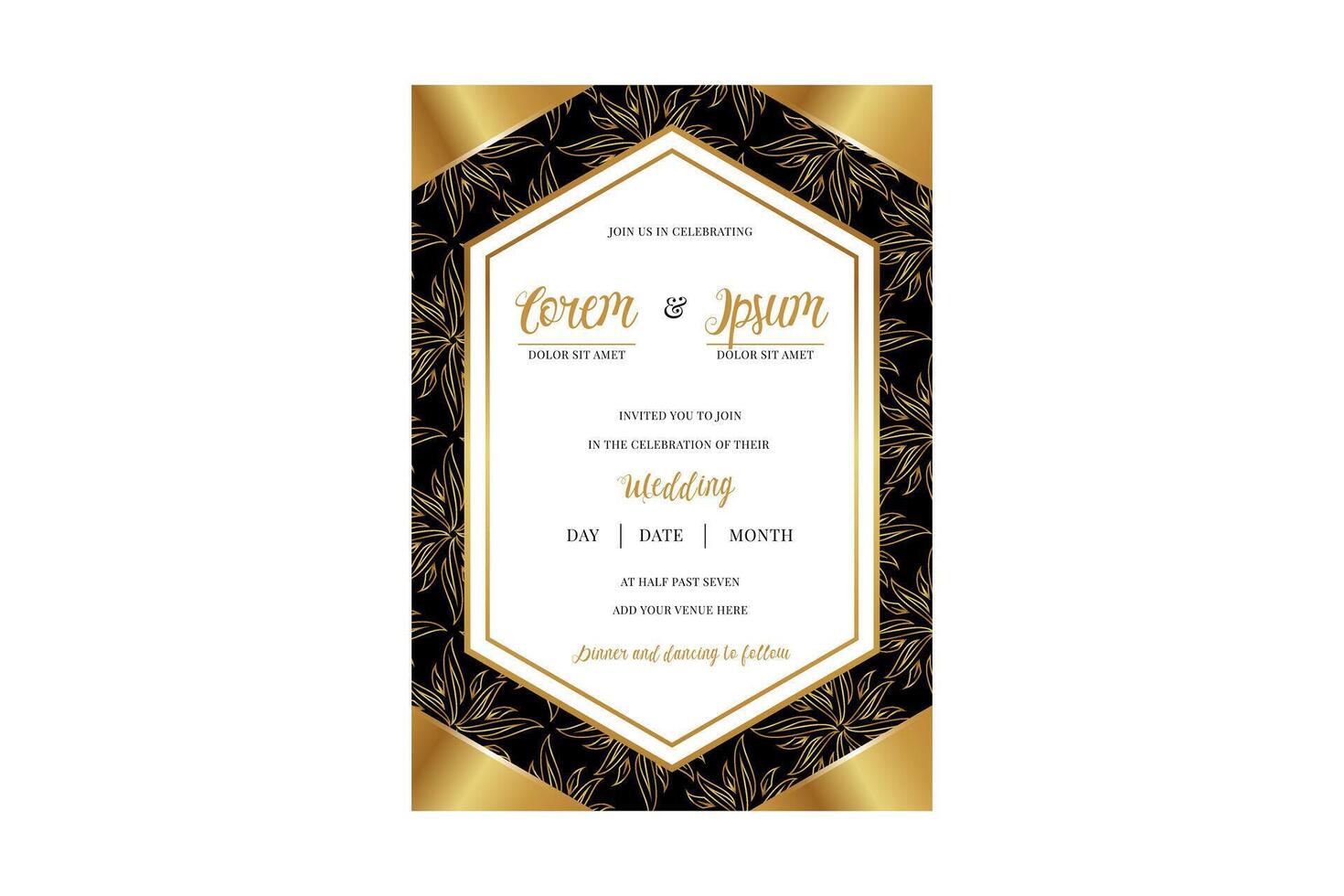 vertical wedding invitation cards set with black and gold leaves on dark background. Luxury exotic botanical design for wedding ceremony. vector