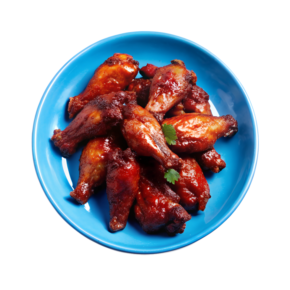 Barbecue Chicken Wings with Spicy Sauce on Blue Plate png