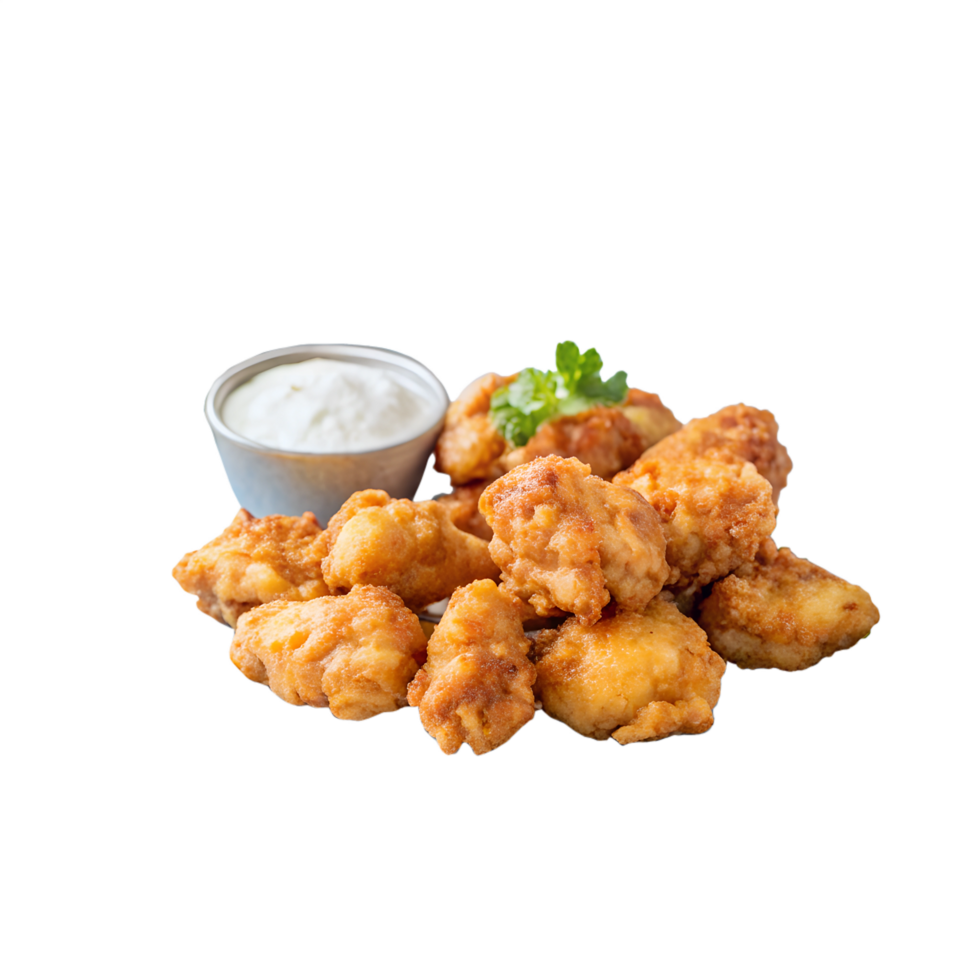 Fried boneless chicken bites with white dipping sauce on transparent background png