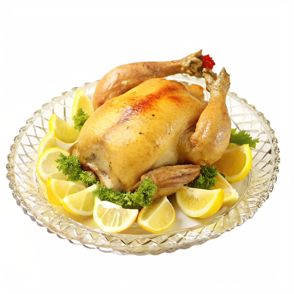 Whole roasted chicken on glass plate with lemon and herbs png