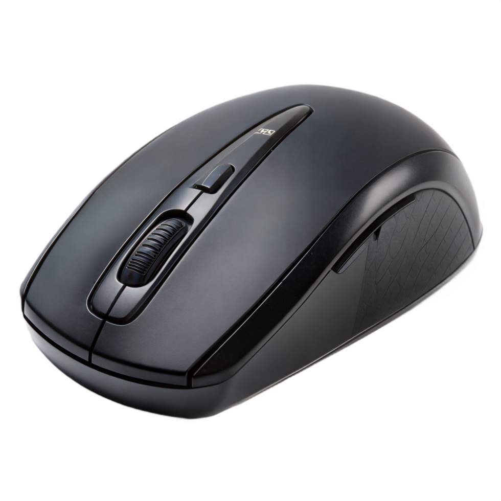 Black wireless computer mouse with ergonomic grip and scroll wheel isolated png