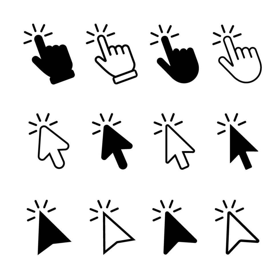 Click cursor icons set, hand cursor icon, computer mouse click cursor arrow icon collection, pointer cursor and pointing icon, loading hand click icons illustration isolated on white background vector