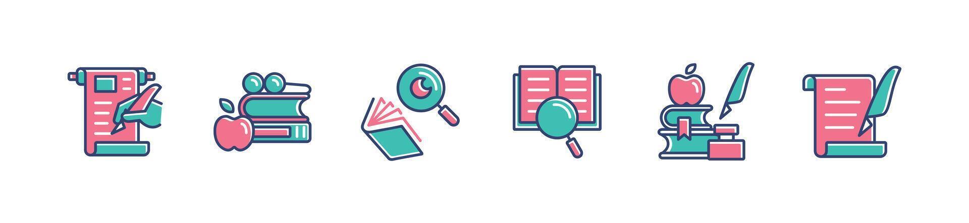 writing literature study research icon set education library learning read book magnifier search cognition signs illustration for web and app vector