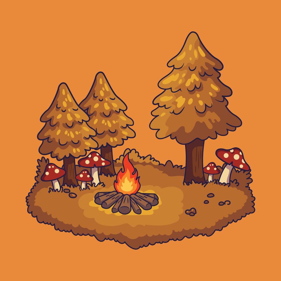 Campfire with trees and mushrooms vector