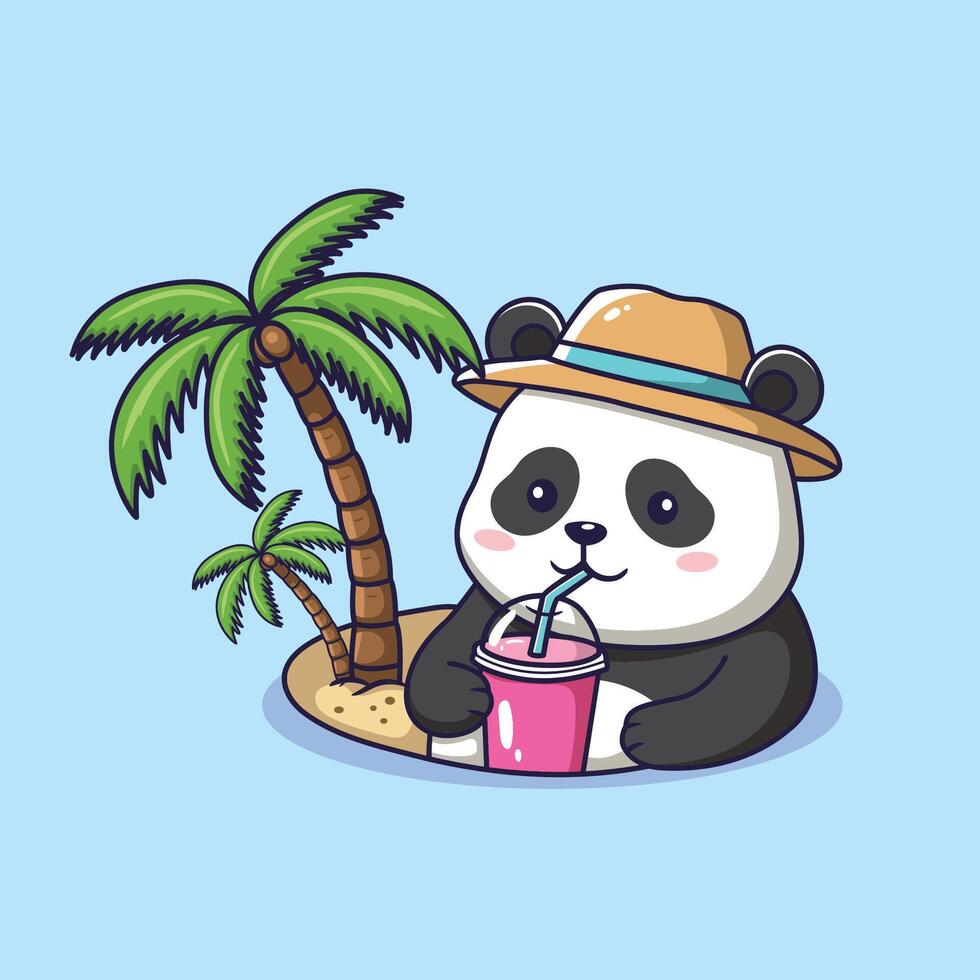 Panda with drink on a tropical beach vector