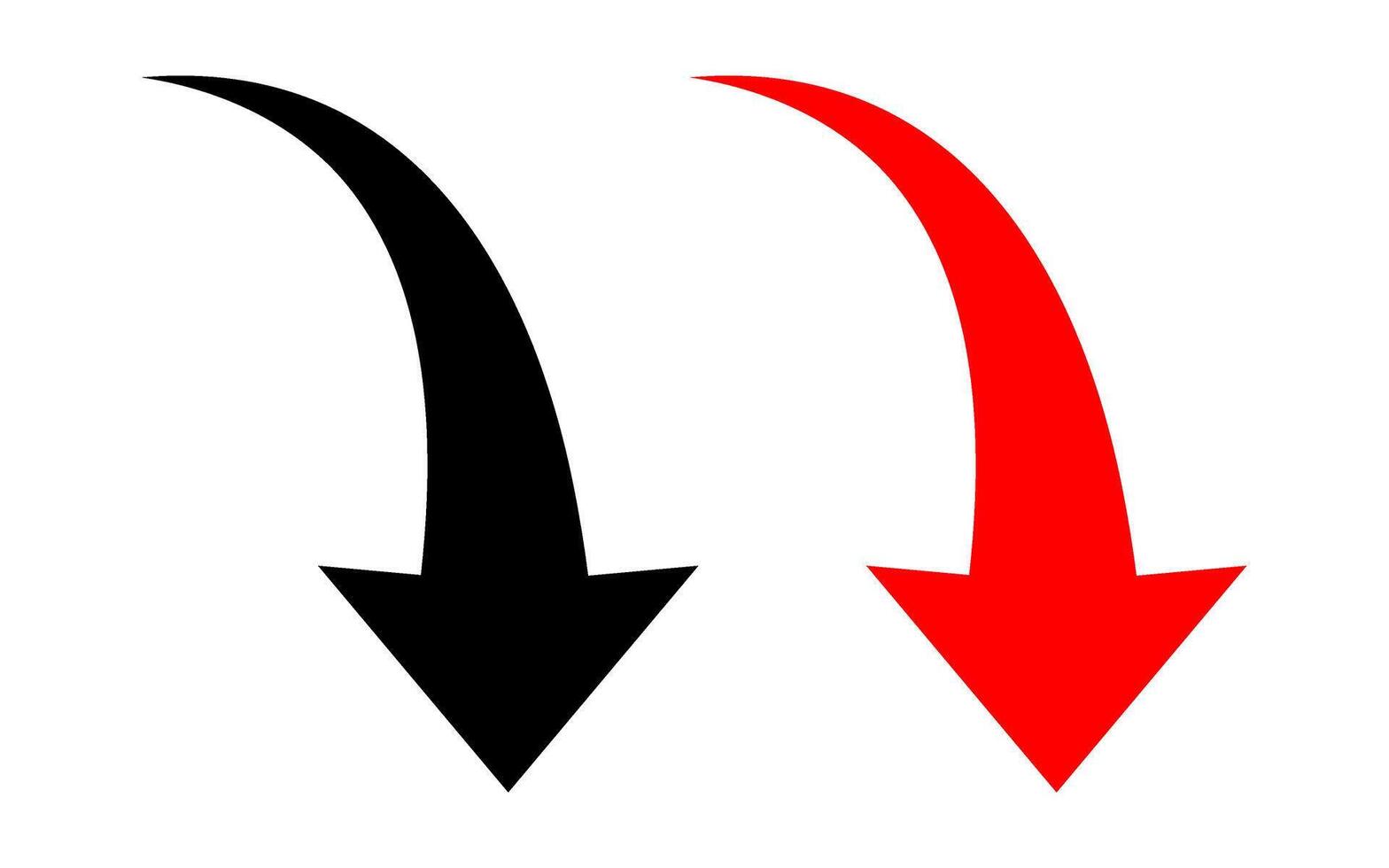 A simple red, black curved arrow set pointing down and right. Direction symbol isolated on white background. Arrow sign for web, app, UI designs, transparent , illustration. vector