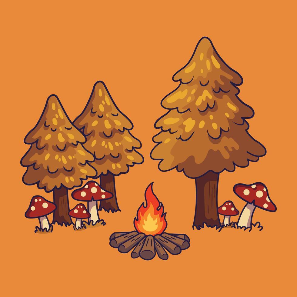Forest scene with campfire and mushrooms vector