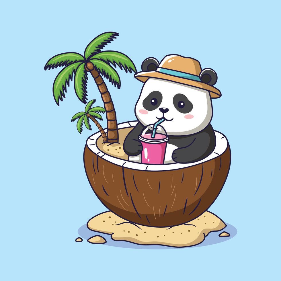 Panda in coconut with tropical drink vector