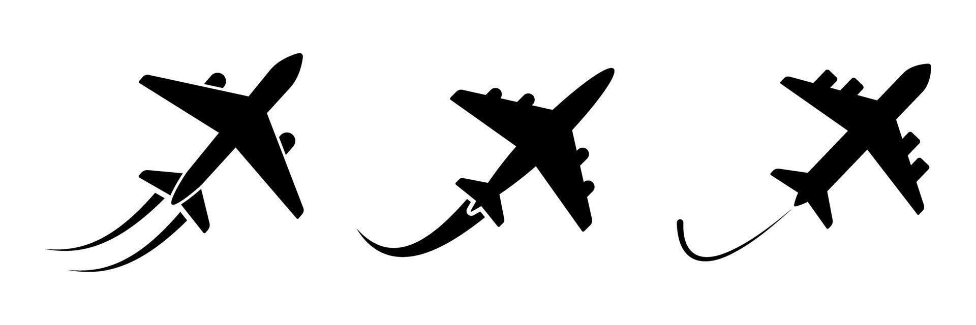 Airplane flight trail icon set. Plane in sky icon , airplane path silhouette shape sign and symbol, airliner or aircraft jet raise route clip art, plane flight icon, illustration. vector