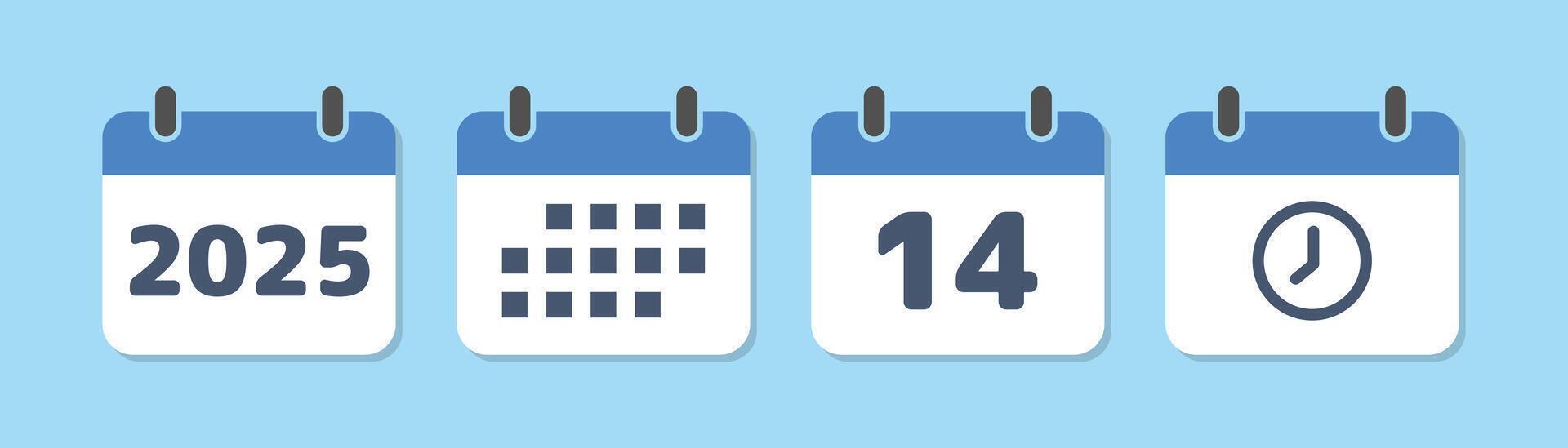Calendar icon with time and date in a flat design. Year, date, clock signs on calendar, event calendar reminder, deadline, schedule template, agenda planner symbol, number 14, illustration. vector