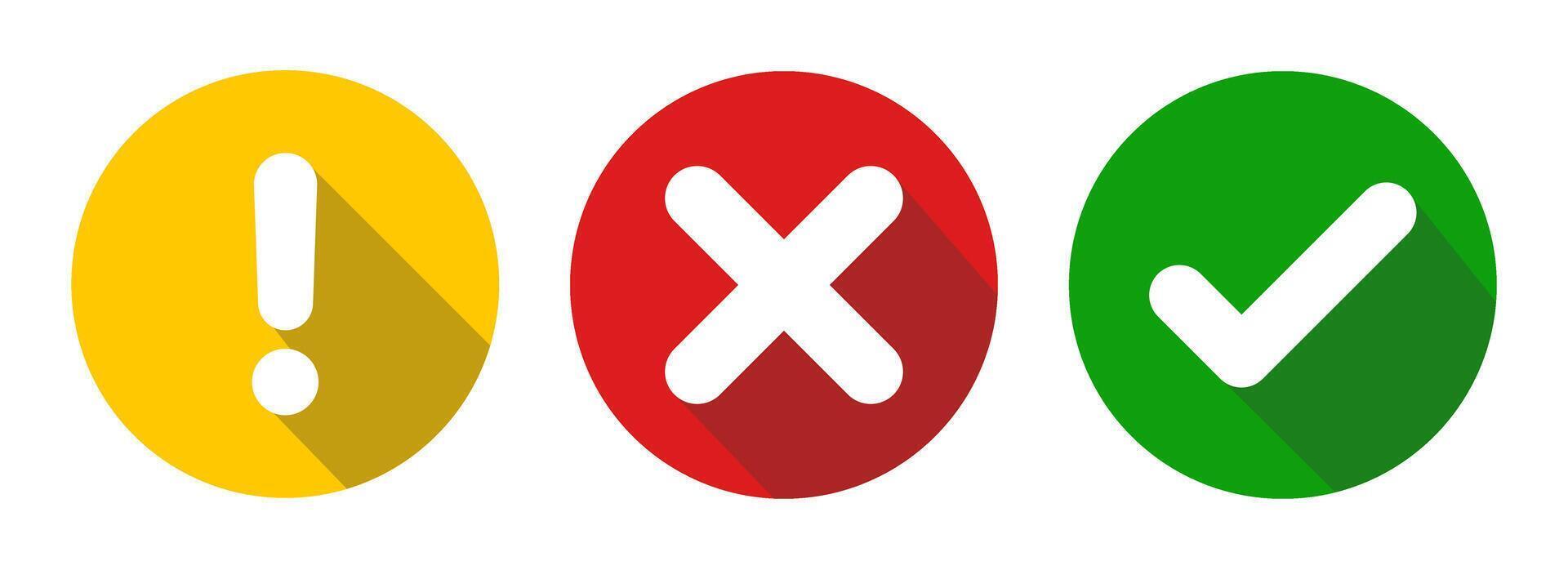 check mark, exclamation point, cross, x mark icons set flat rounded style with long shadow effect, green tick mark, red cross, yellow exclamation signs isolated white background. illustration vector