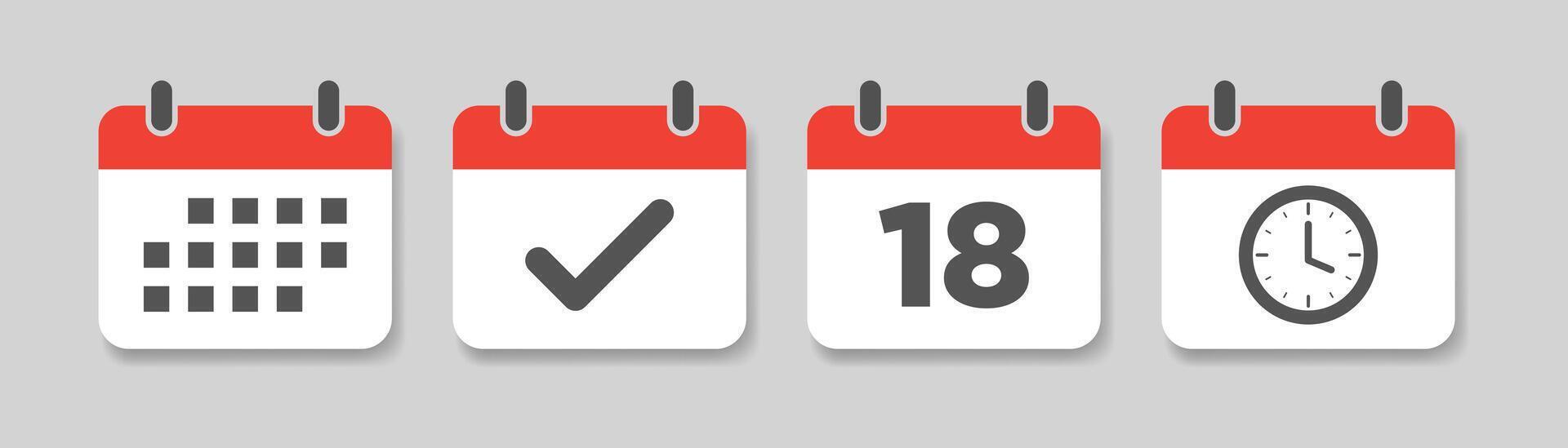 Calendar deadline icon with time, date, and check in a flat design. Date, checked, and watch on calendar, deadline template, agenda calendar reminder, approved mark, number 18, schedule sign . vector