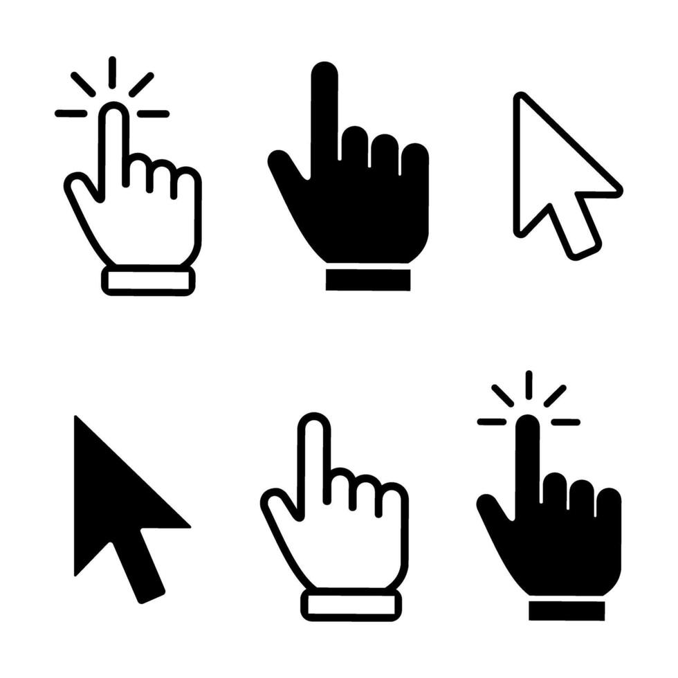 Click cursor icons, Computer cursor icon set, mouse hand icon click cursor arrow collection, click pointer cursor and pointing icon, loading hand click mouse icons isolated on white background vector