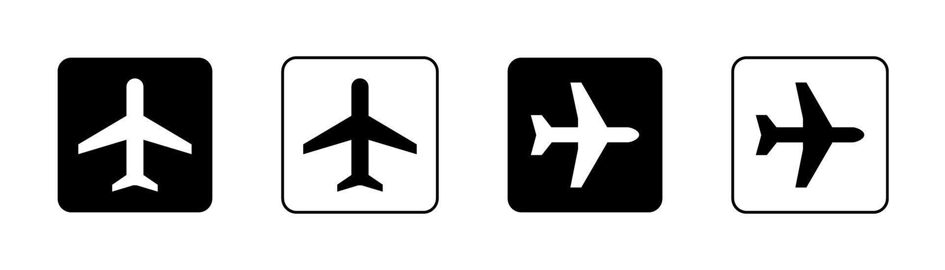 Plane icon set, airplane symbol. Airplane mode icon black and white square in round shape. Flight transport sign, travel flat aircraft icon isolated on a transparent background, illustration. vector