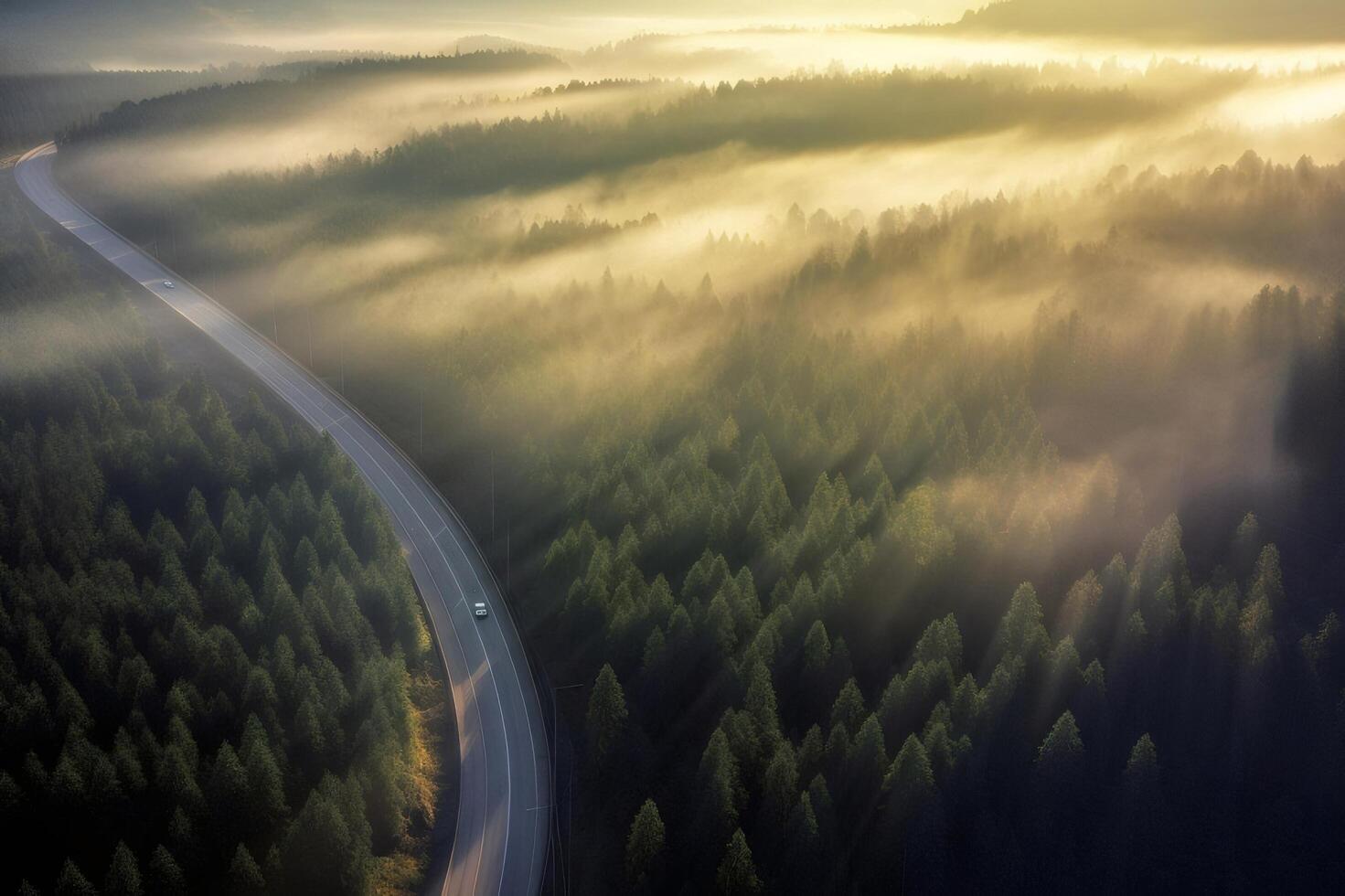 Aerial View of Winding Road Through Foggy Forest at Sunrise photo