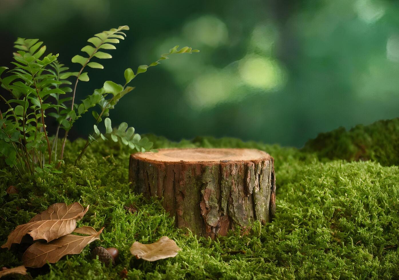 Tree Stump on Mossy Ground with Ferns in Forest Setting photo