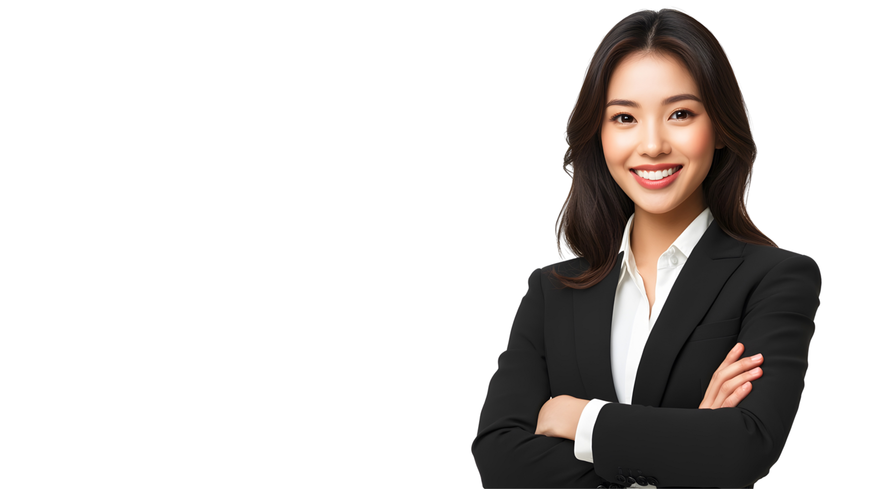 Professional woman in business attire smiling confidently. png