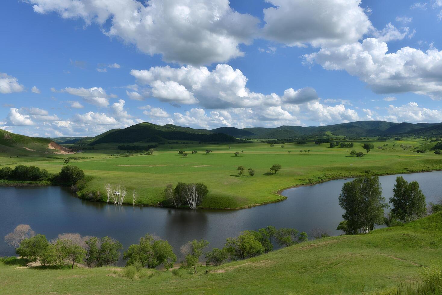 Serene River Landscape with Rolling Green Hills under a Blue Sky photo
