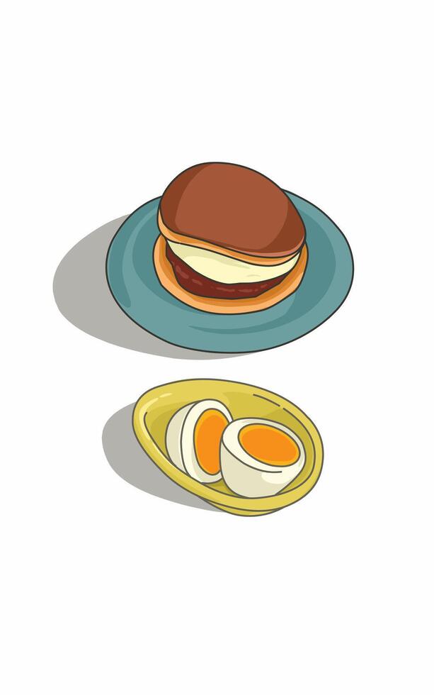 Delicious Dorayaki bread on a blue plate and boiled eggs in a bowl vector