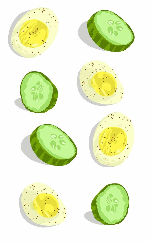 Cucumber slices and boiled eggs sprinkled with black pepper vector