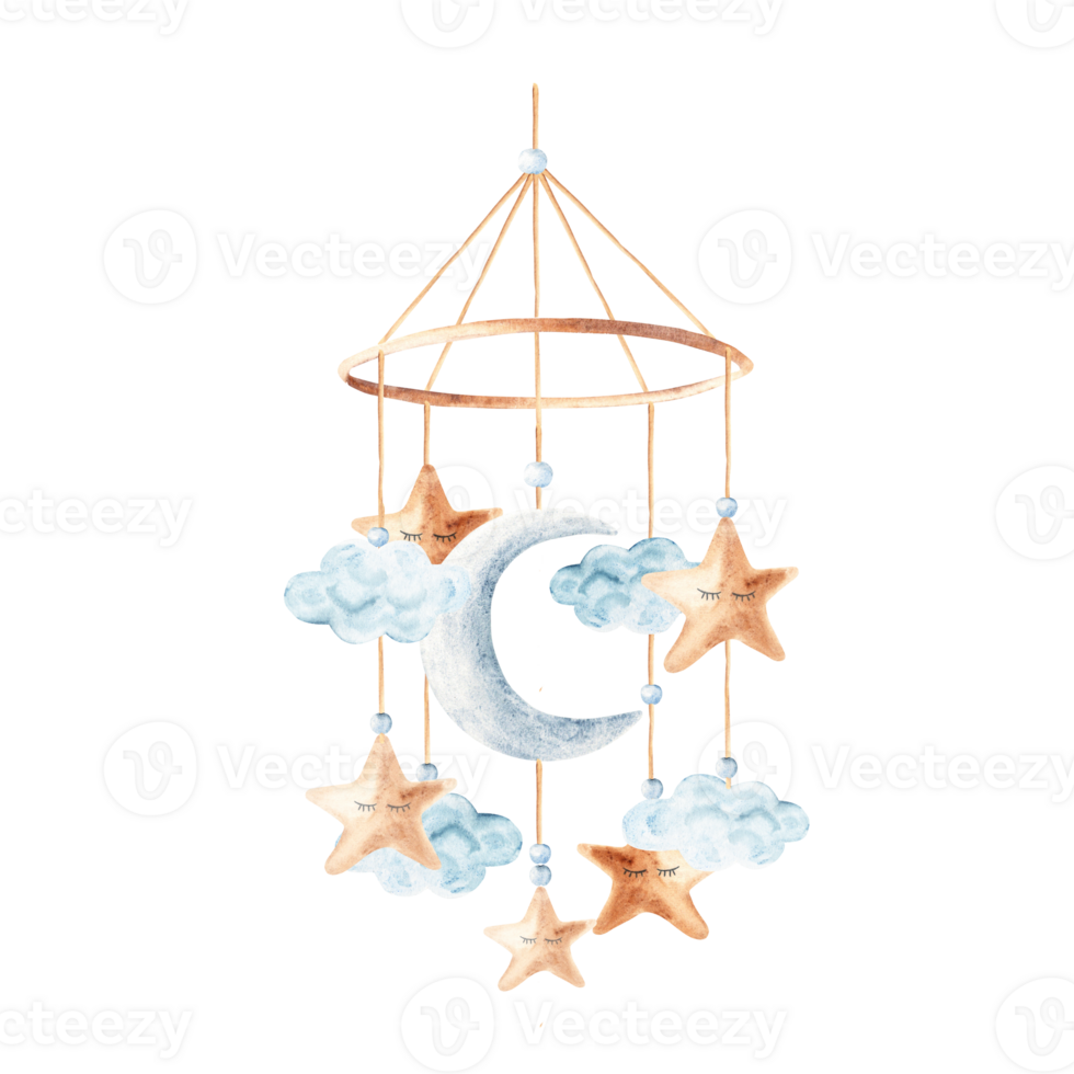 Watercolor baby cradle Mobile with moon, clouds and stars. Hand drawn illustration in pastel colors of kids hanging toy. For greeting cards, gender reveal party or baby shower invitations. png