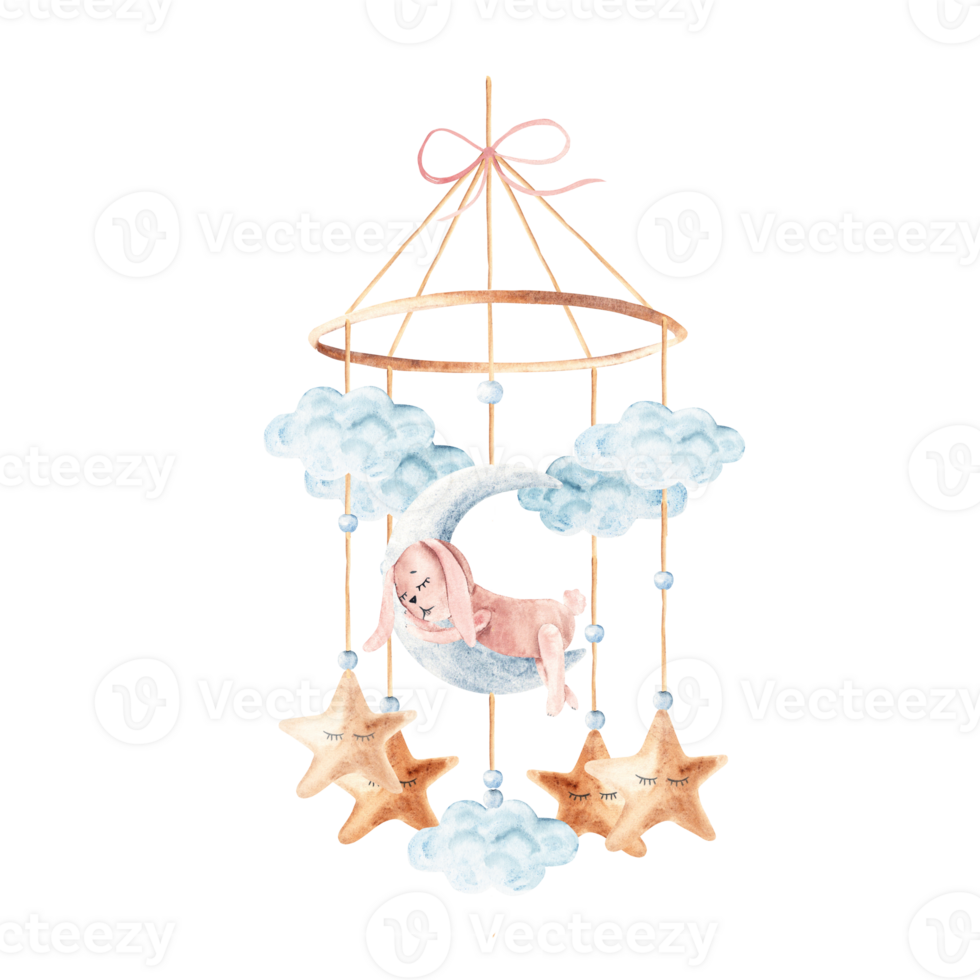 Watercolor baby cradle Mobile with cute pink rabbit sleeping on moon with clouds and stars. Hand drawn illustration in pastel colors of kids hanging toy. For greeting cards, gender reveal, its a girl png