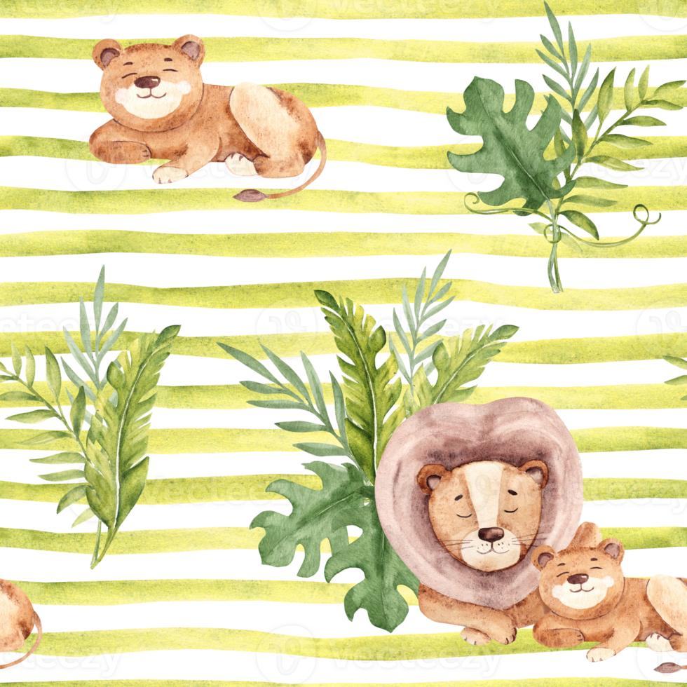 Watercolor seamless pattern with cute lion baby and adult and Tropical leaves on green striped background. Safari Animals hand drawn illustrations for kid textile prints, wallpaper and packaging paper png
