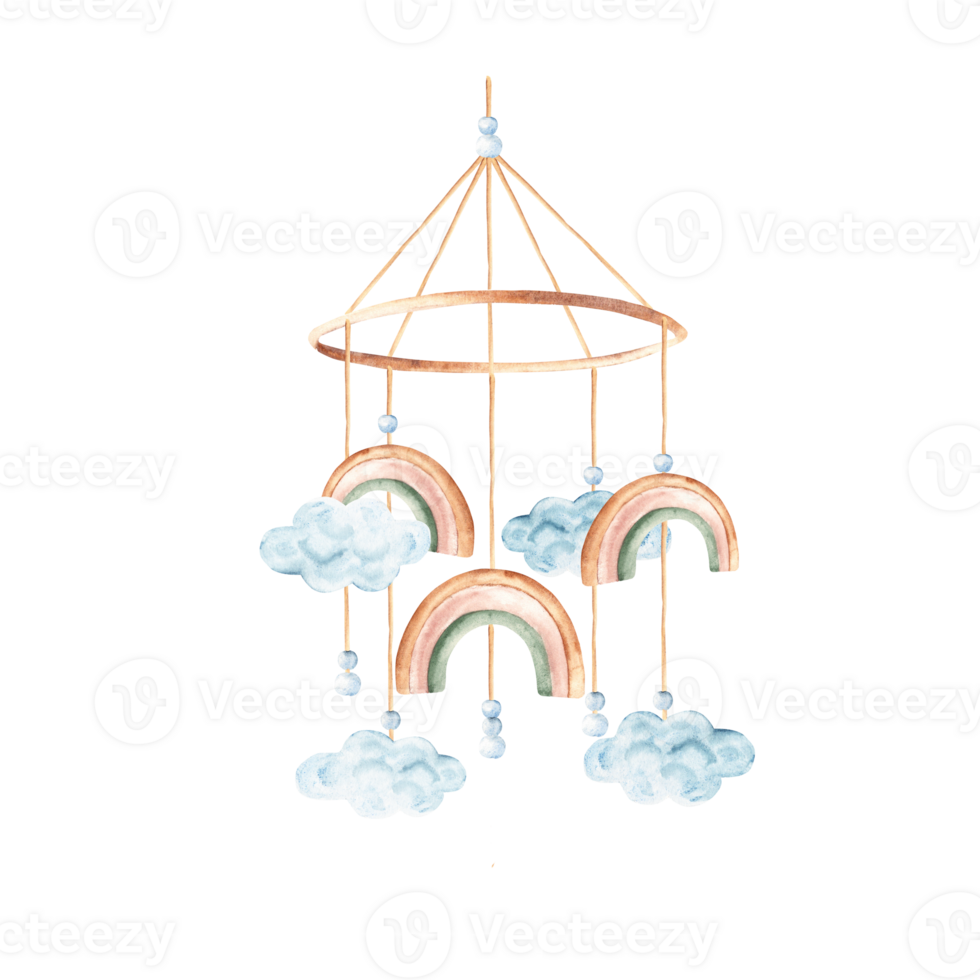 Watercolor baby cradle Mobile with rainbows and clouds. Hand drawn illustration in pastel colors of kids hanging toy. For greeting cards, gender reveal party or baby shower invitations. png
