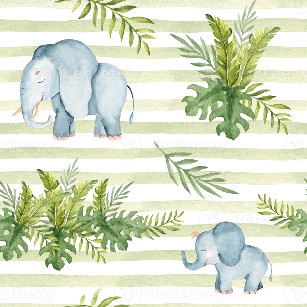Cute elephant baby and adult Watercolor seamless pattern with Tropical leaves on green striped background. Safari Animals hand drawn illustrations for kid textile prints, wallpaper and packaging paper png