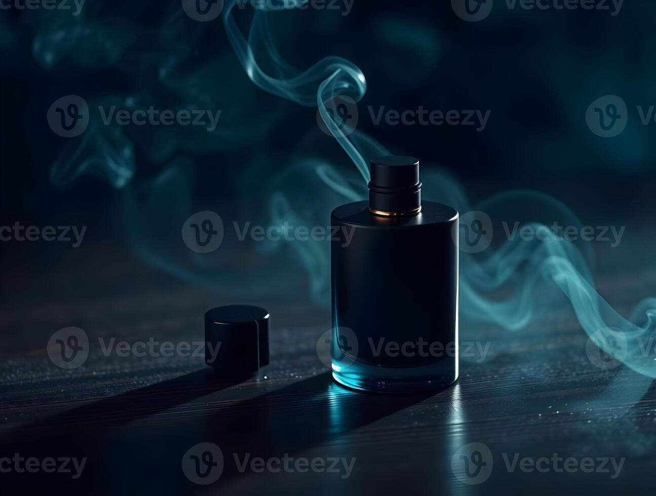A bottle of perfume sitting on a table with smoke coming out photo
