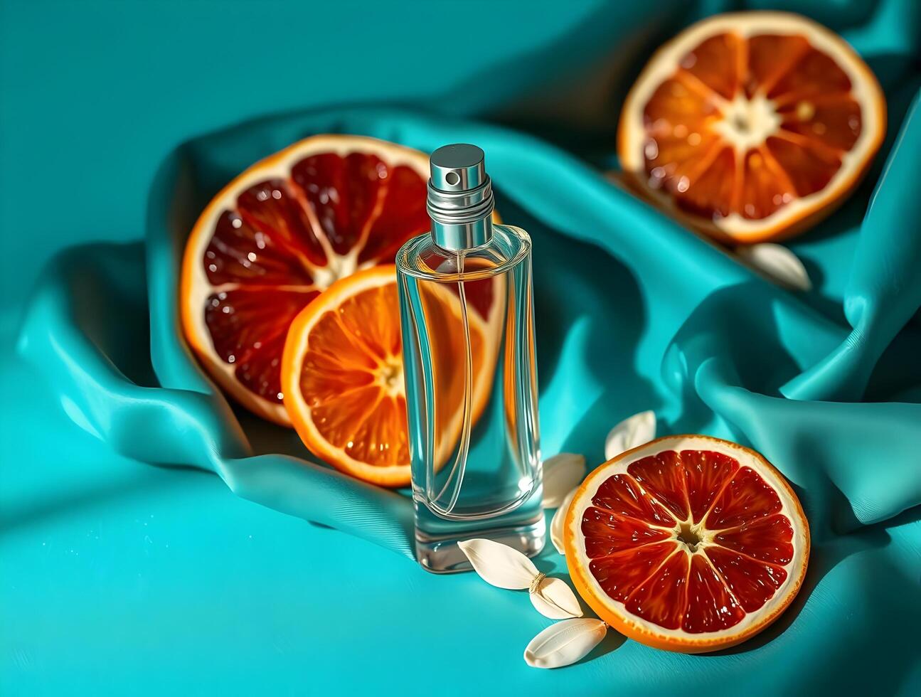Orange slices and perfume bottle on blue cloth photo