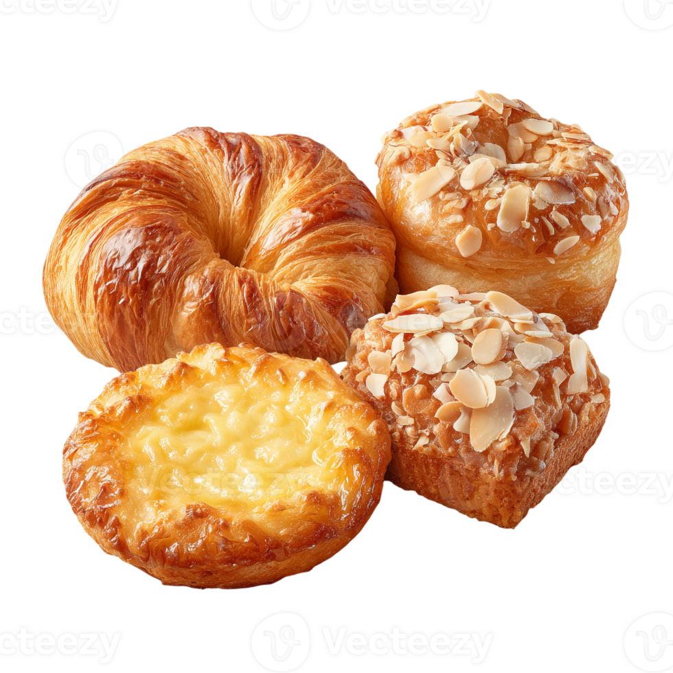Assorted pastries with cheese and almonds delectable treats on transparent background png