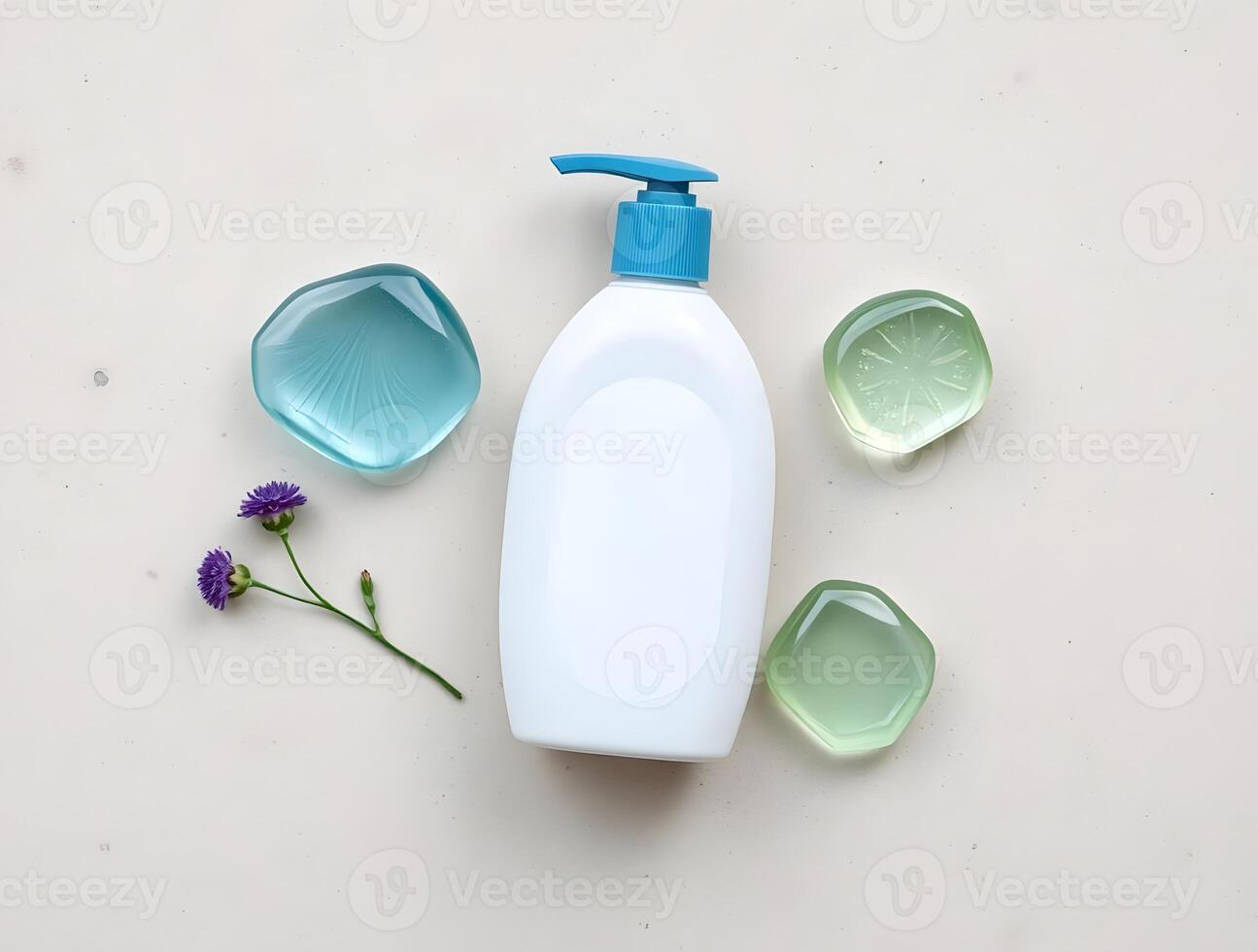 A bottle of lotion, a bottle of hand soap, and a flower on a white surface photo